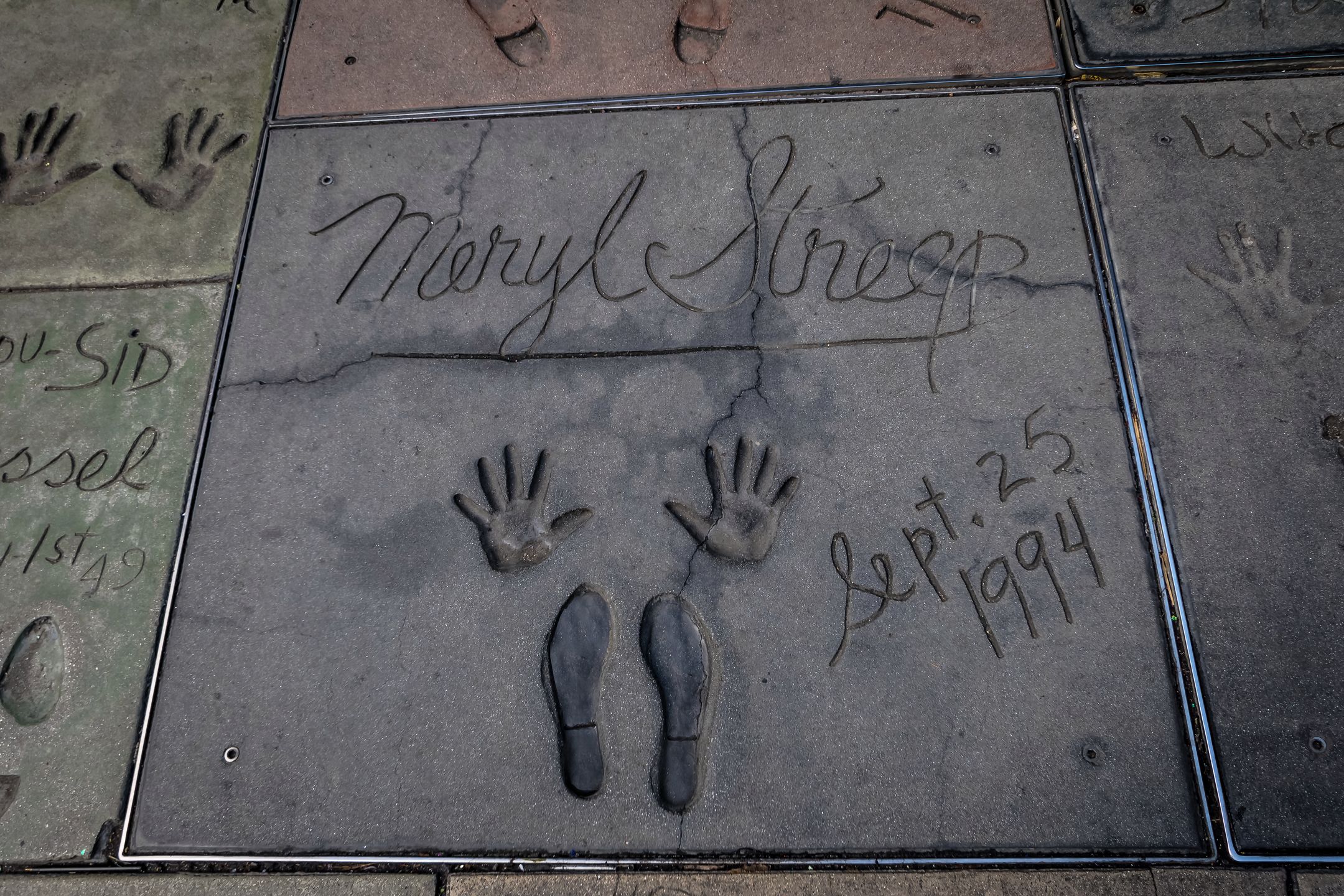 LOS ANGELES, USA - January 07, 2017: Meryl Streep handprints in Hollywood Boulevard in front of Chinese Theater - Los Angeles California, USA 
