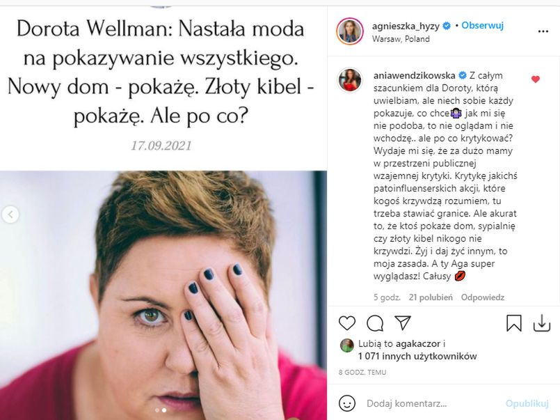 Anna Wendzikowska komentuje post Agnieszki Hyży