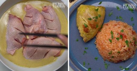 Udka z kurczaka w kremowej marynacie na pomidorowym ryżu