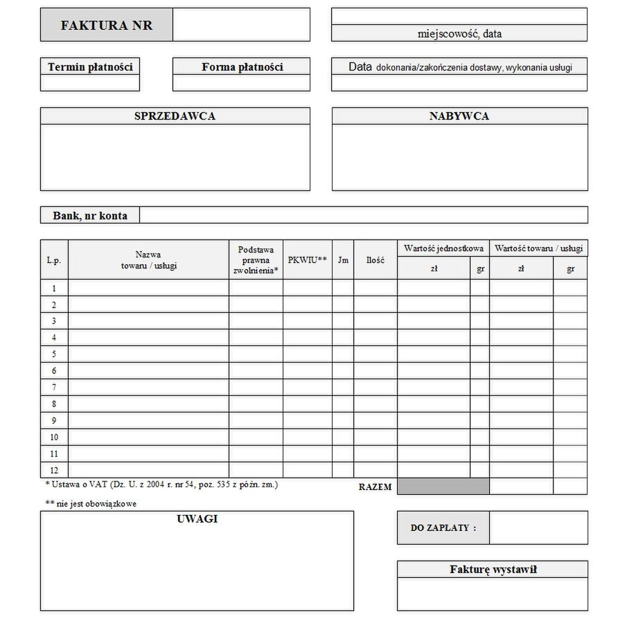 Przykładowa faktura bez VAT 