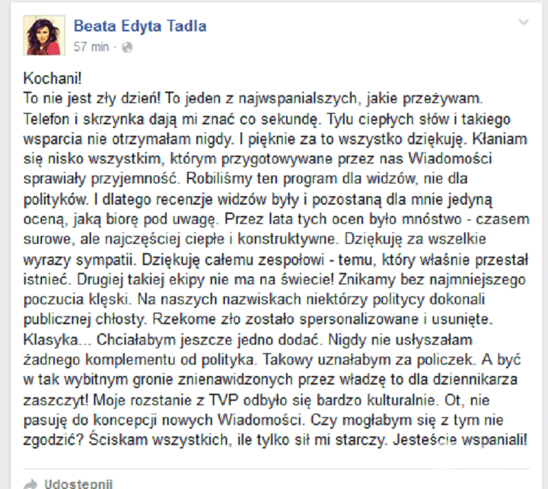 Beata Tadla o swoim odejściu z TVP