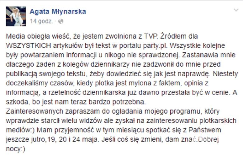 Agata Młynarska o zwolnieniu z TVP