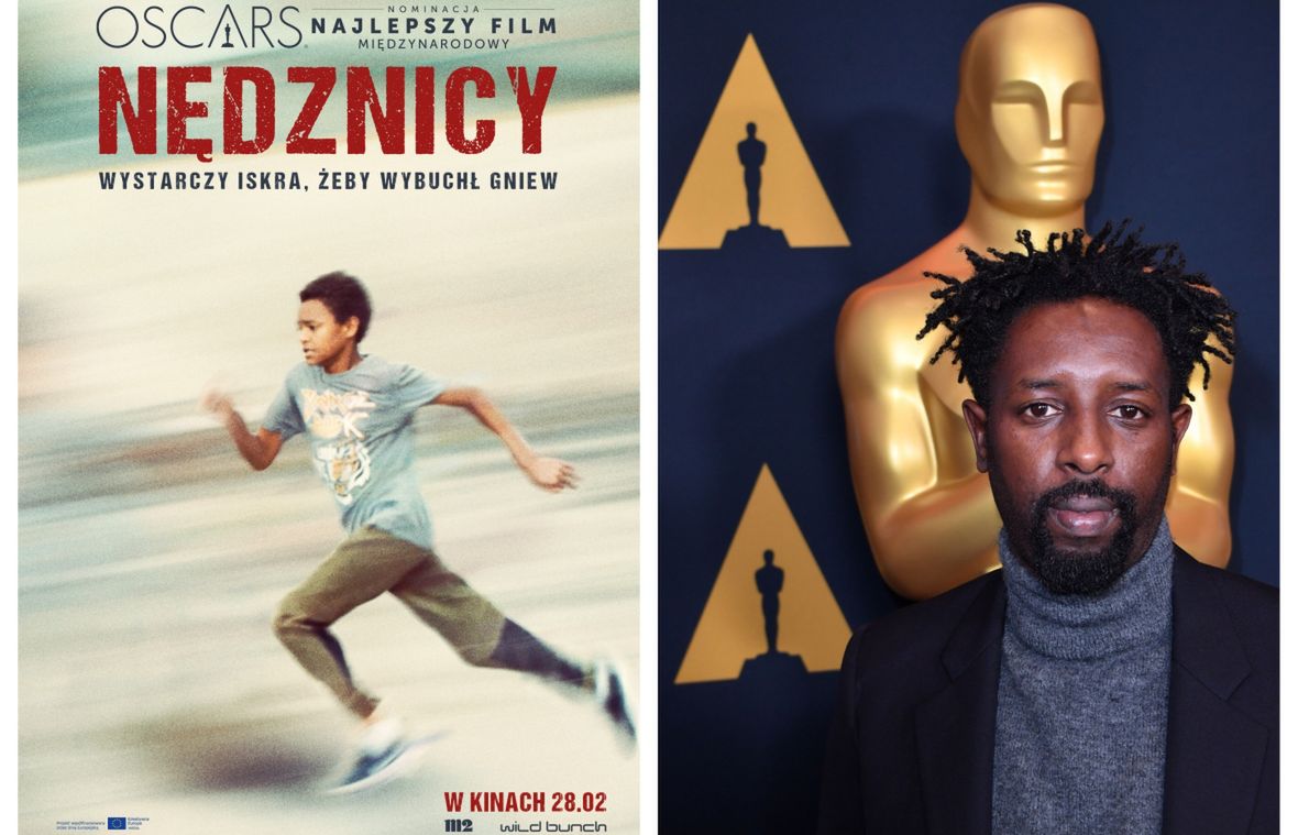 Plakat filmu "Nędznicy" i jego twórca Ladj Ly 
