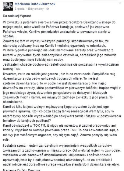list Marianny Dufek-Durczok
Fotografia: Facebook.pl