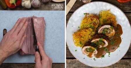 Rolada schabowa z ogórkami kiszonym i boczkiem. Podania z ziemniaczanymi gniazdkami