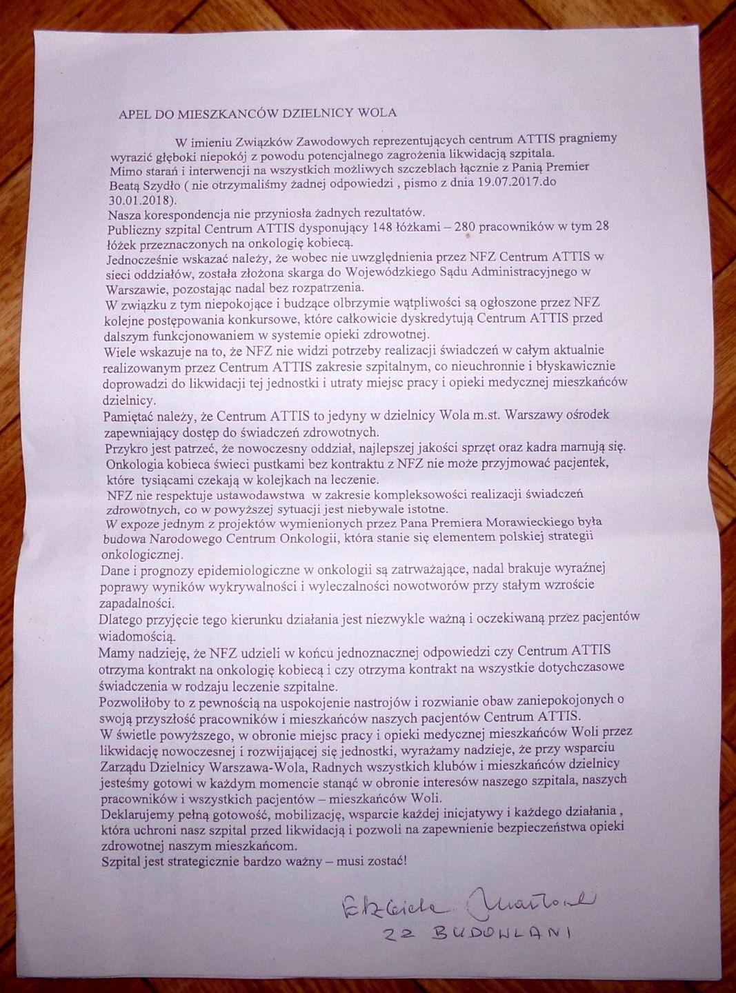 Apel pracowników szpitala ATTIS 