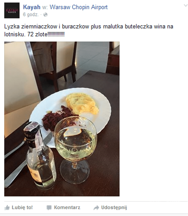 Kayah za obiad na lotnisku zapłaciła 72 zł
