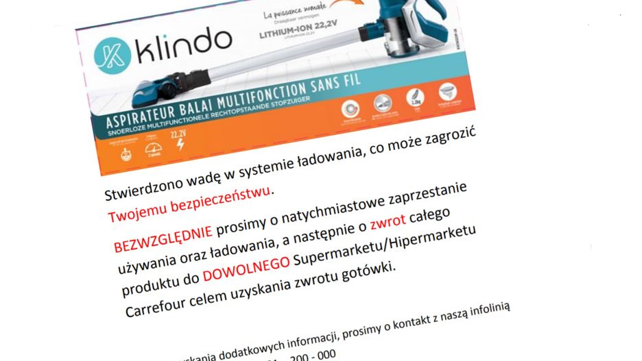 Carrefour usilnie nalega, by klienci zwracali kupione odkurzacze marki Klindo