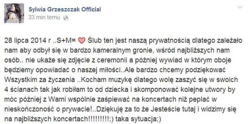Facebook Sylwii Grzeszczak