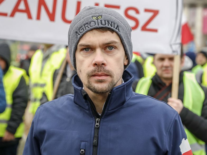 Michał Kołodziejczak podczas protestu Agrounii w Warszawie.