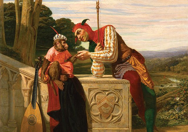 Podczas obiadu rozrywkę gościom i domownikom mógł zapewnić na przykład wynajęty na tę okazję błazen (William Frederick Yeames/domena publiczna) 