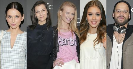 Ania Piszczałka w t-shircie z napisem, Ola Szwed w sukience w pop-artowy print, a Klaudia Halejcio w bieli na pokazie kolekcji Kazar