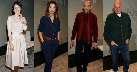 Gwiazdy na medialnej próbie spektaklu Pozytywni: Olga Bołądź, Grażyna Wolszczak, Janusz Chabior, Cezary Harasimowicz