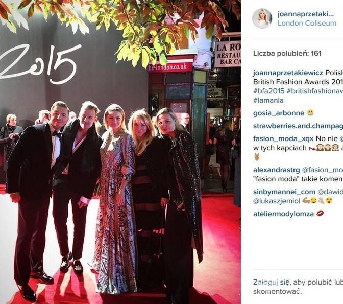 Joanna Przetakiewicz, Dawid Woliński, Łukasz Jemioł, Małgorzata Socha na British Fashion Awards 2015 (fot. Instagram)