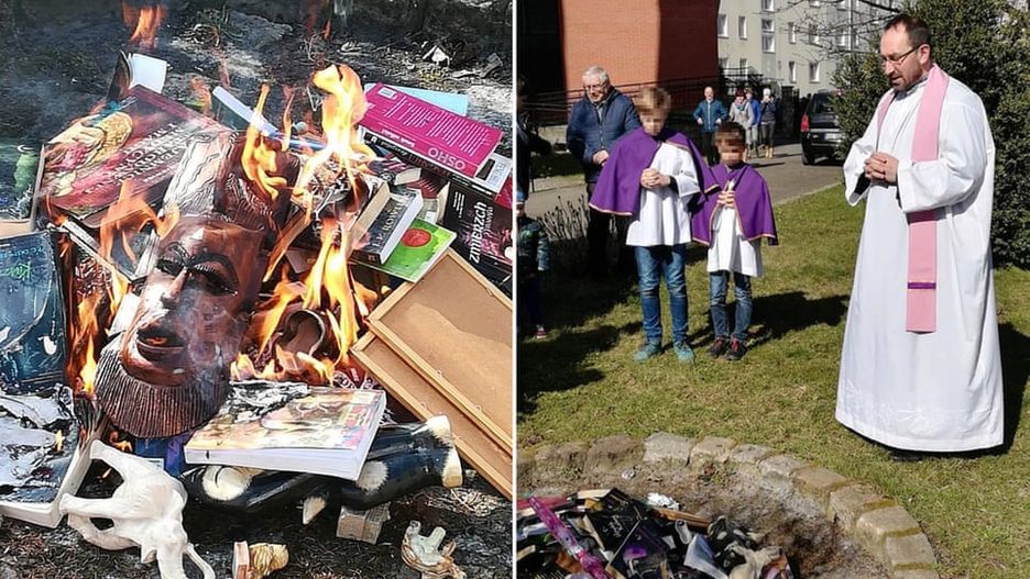 31 marca. Gdańsk. Ks. Rafał Jaroszewicz modli się nad stosem spalonych książek