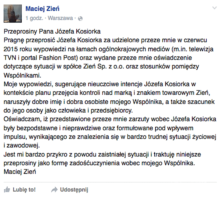 Oświadczenie Macieja Zienia w sprawie zadłużenia firmy