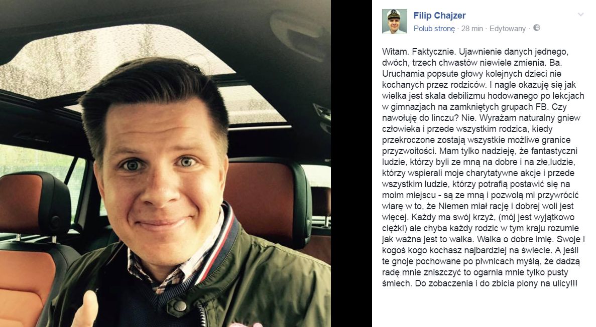 Filip Chajzer "przeprasza" i odpowiada hejterom. Wyzywając ich od debili