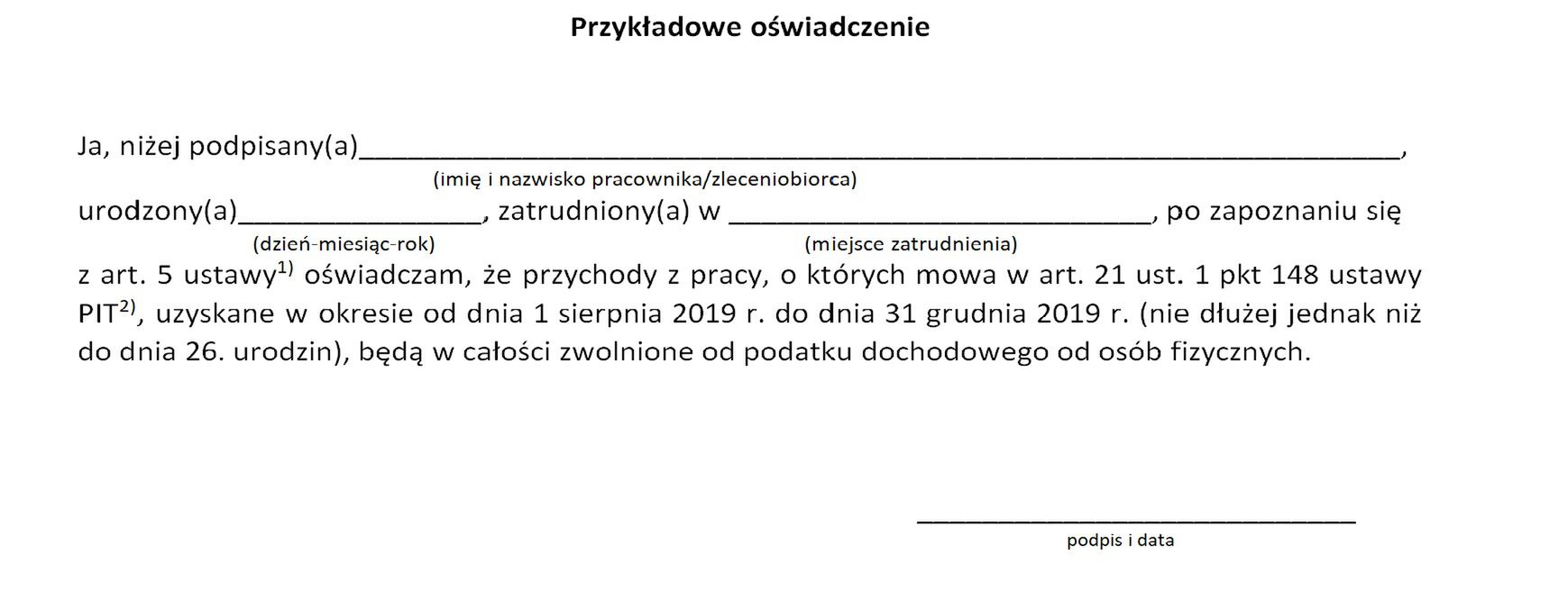 PIT zero dla młodych pracowników. Przykładowy wzór oświadczenie pracownika do 26. roku życia 