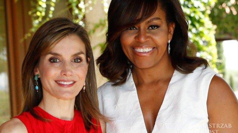 Królowa Hiszpanii Letizia (kreacja: Nina Ricci) i Michelle Obama (kreacja: Delpozo), spotkanie w Madrycie (fot. ONS)