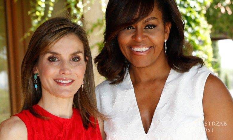 Królowa Hiszpanii Letizia (kreacja: Nina Ricci) i Michelle Obama (kreacja: Delpozo), spotkanie w Madrycie (fot. ONS)