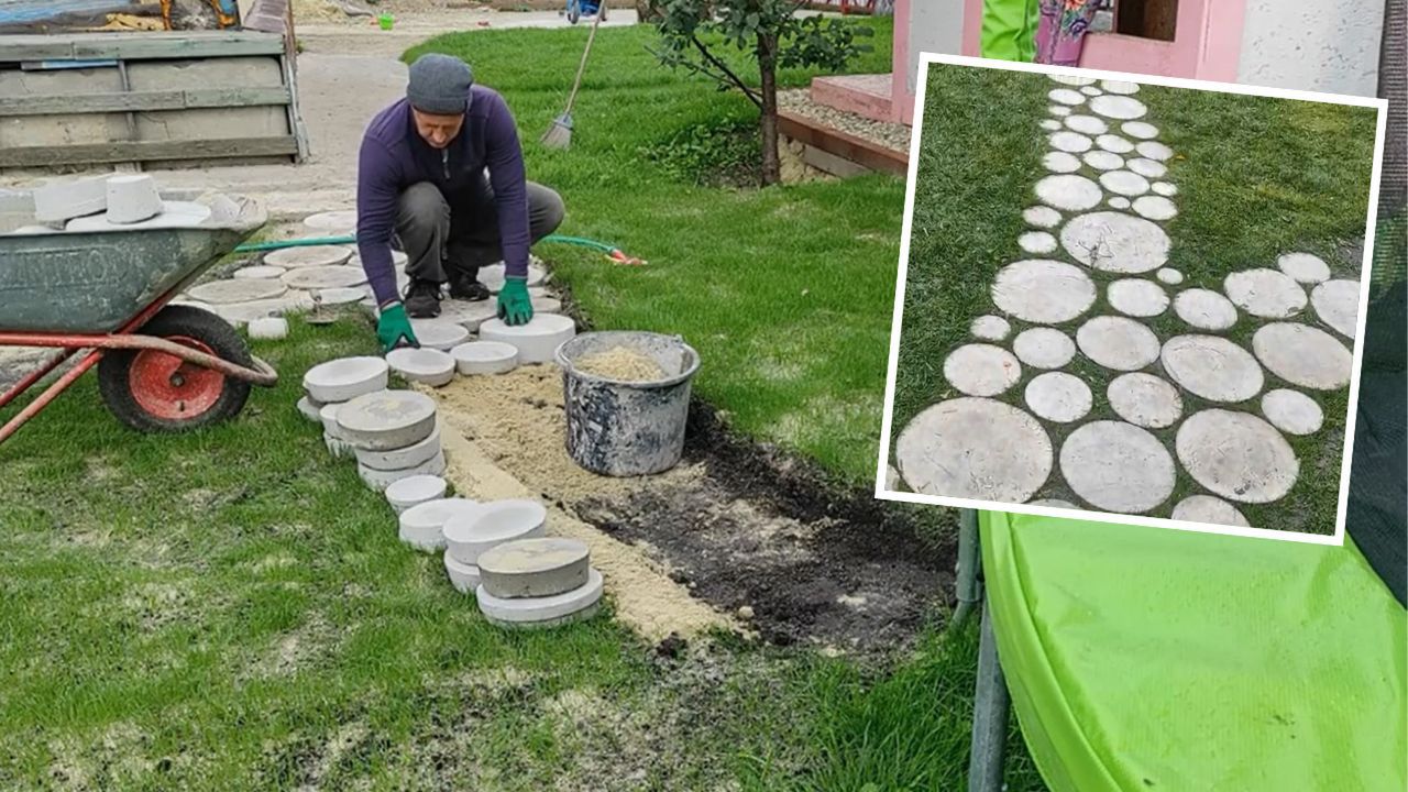 Z betonu i starych doniczek zrobił nowoczesną ścieżkę w ogrodzie. Wygląda jak droga do gwiazd