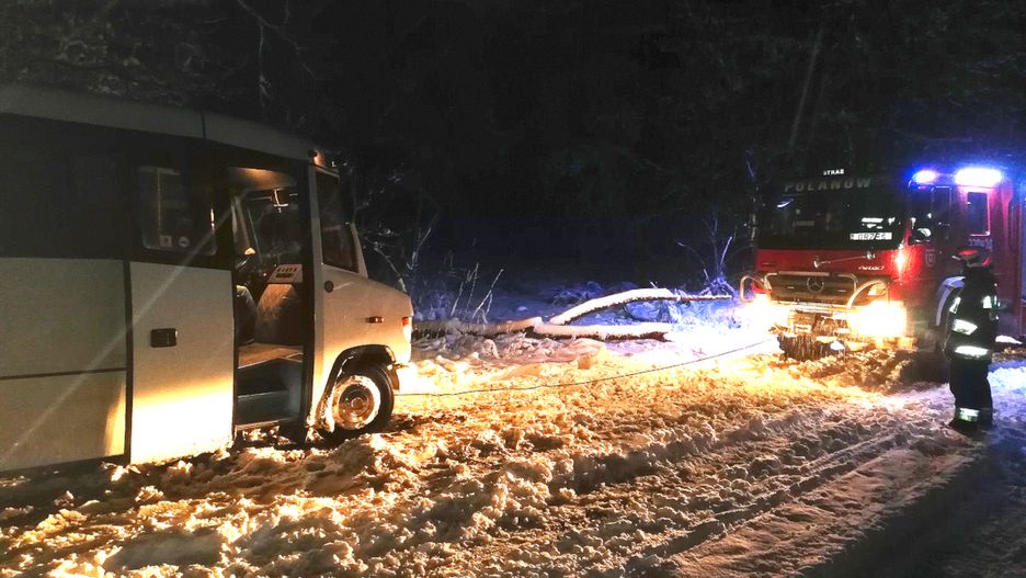 Koszalin. Pogoda zaskoczyła strażaków. Śnieg na drogach, połamane drzewa i bus w rowie.