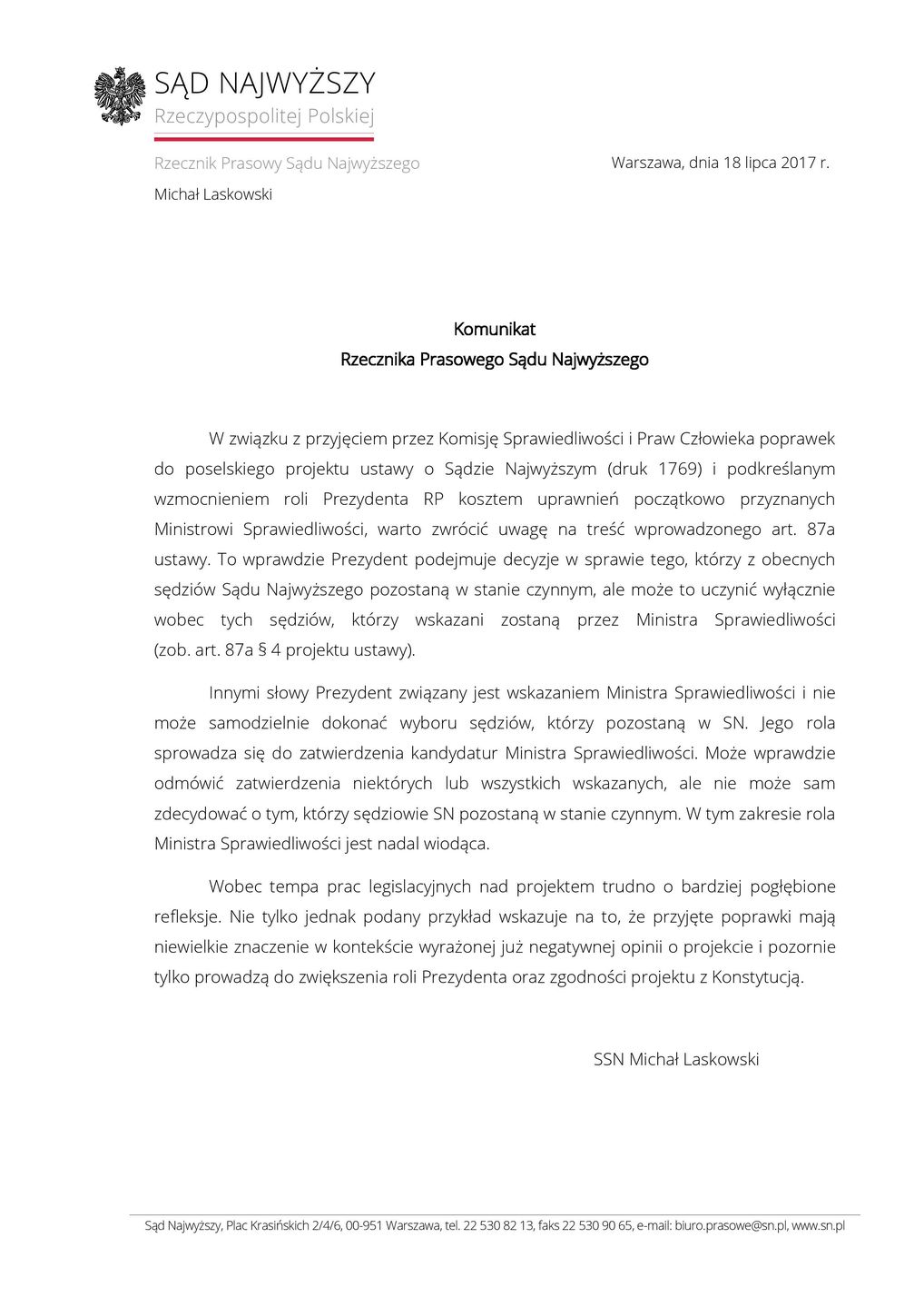 Komunikat rzecznika Sądu Najwyższego. 