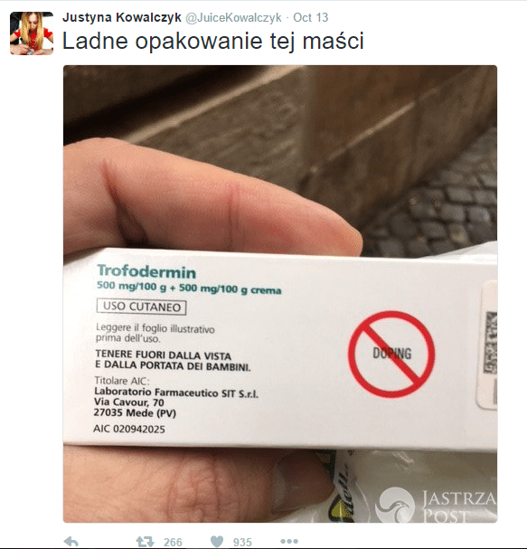 Justyna Kowalczyk komentuje opakowanie maści Therese Johaung