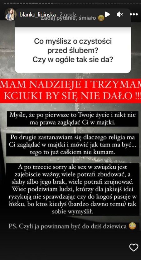 Blanka Lipińska o czystości przed ślubem