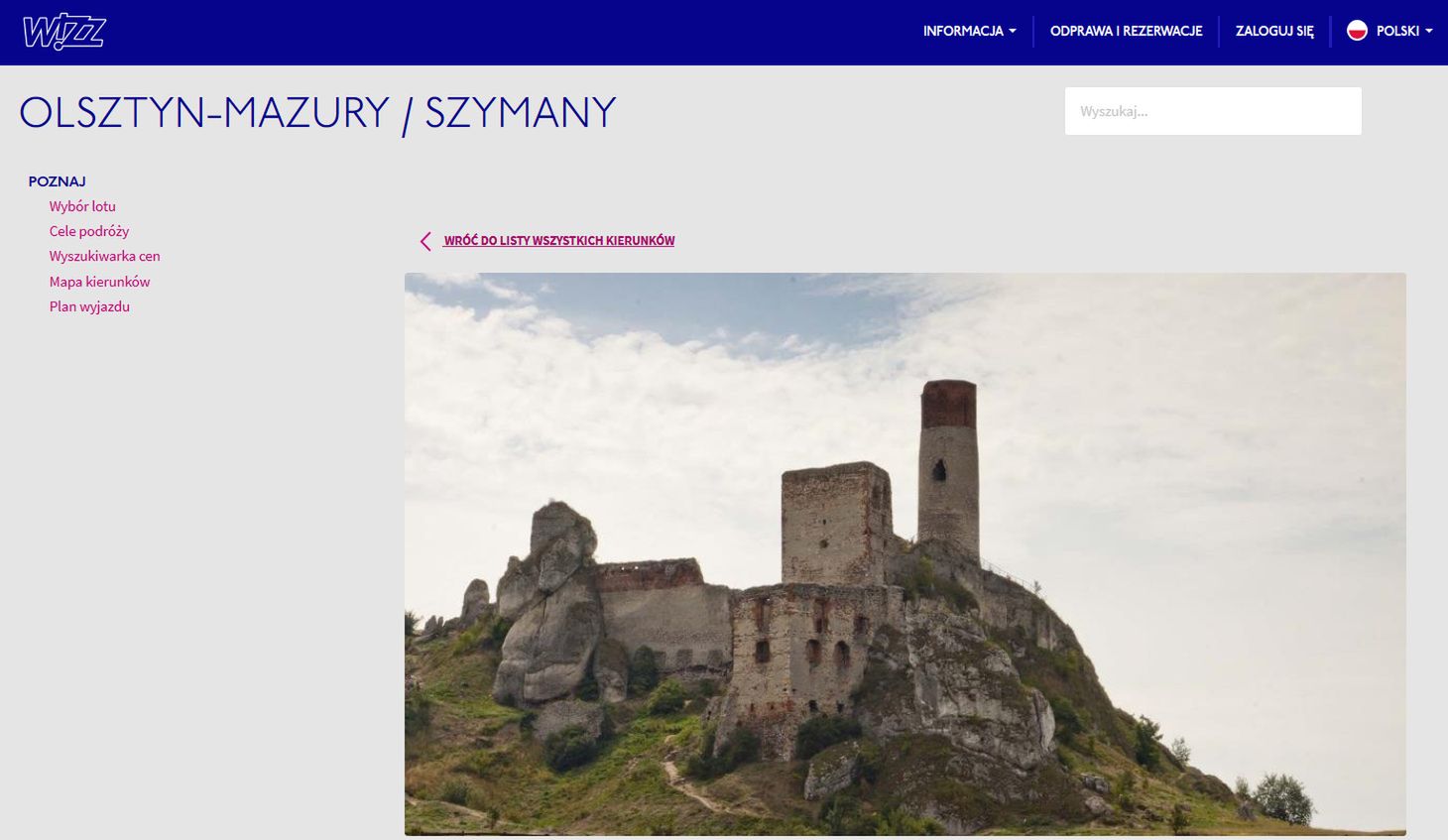 Tak wygląda strona Wizzair  z zamkiem z nie tego Olsztyna.
