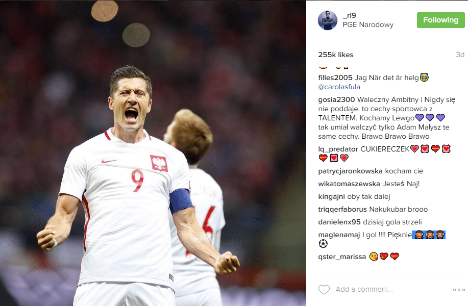 Robert Lewandowski podczas meczu Polska-Dania na Stadionie Narodowym 2016