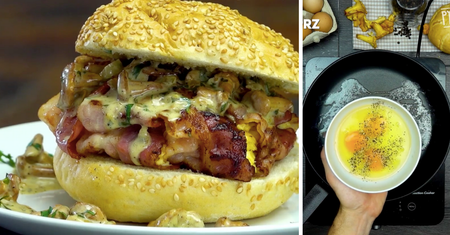 Burger z jajecznicą i sosem kurkowym