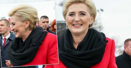 Agata Duda w czerwonym płaszczu świętuje niepodległość. To kolejna wystrzałowa stylizacja Pierwszej Damy